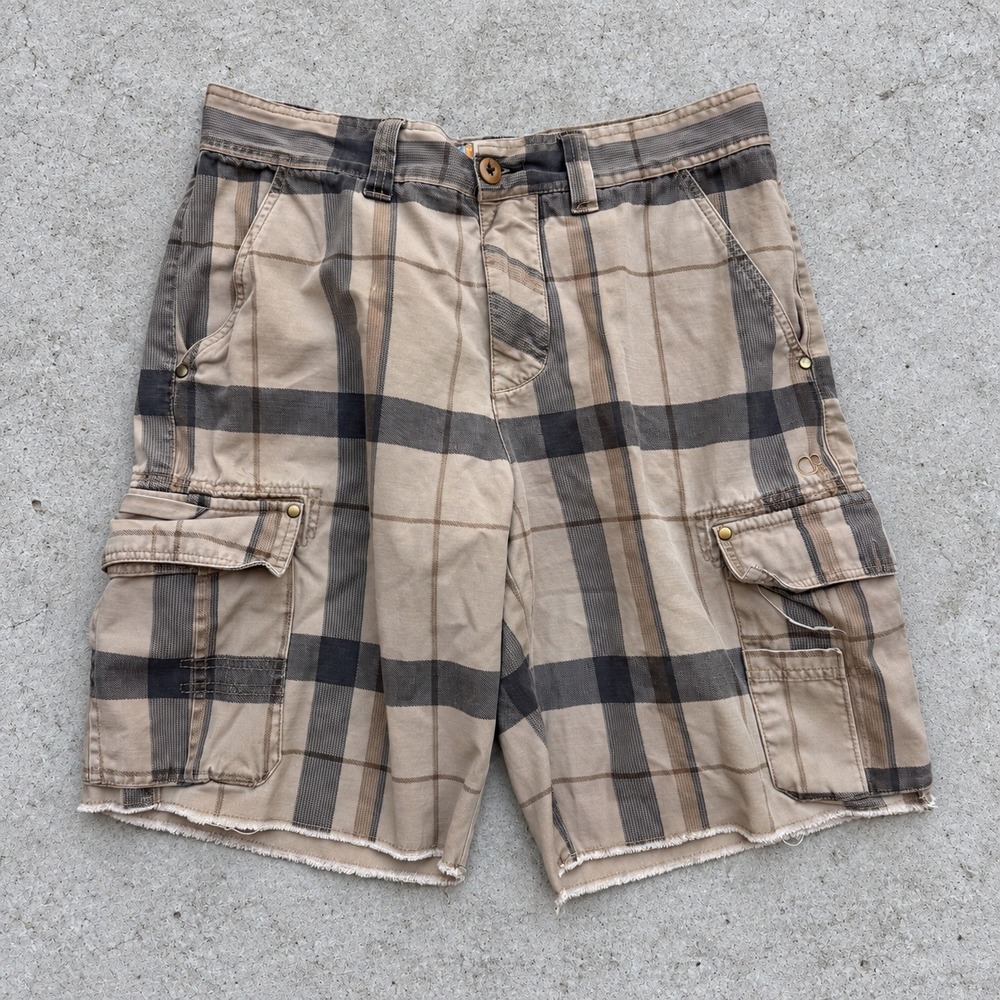 OP Ocean Pacific Mens Plaid Cargo Shorts Tan Brown Size 34 Frayed Hem Skater Y2K